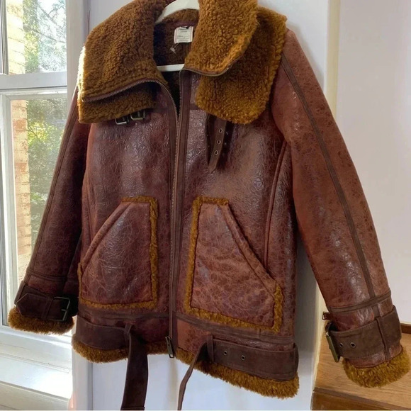 New Free People Maverick Shearling Jacket Moto Leather We The Free Brown - Picture 11 of 17